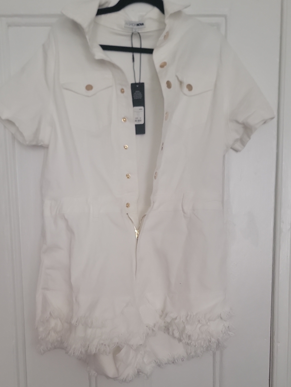 Fashion Nova White Sweet Bliss Denim Romper with Gold Buttons